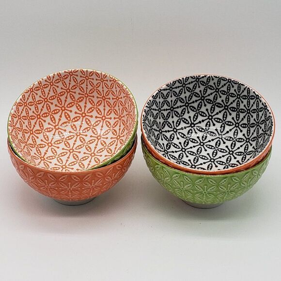 Now Designs Stamped Green/Orange and Orange/Black Porcelain 4pc Rice Bowl Set - Picture 8 of 13